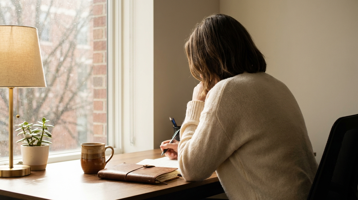 A serene office setting where an employee takes a moment to reflectively write in a journal, capturing their emotions. Soft natural window light, creating a calm atmosphere. Photorealistic editorial photography, 35mm, shallow depth of field, high detail, 4k.