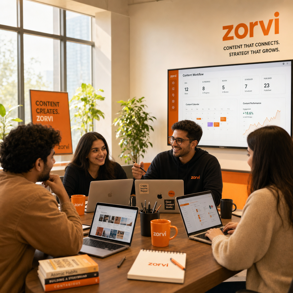 A team of content creators collaborating in a bright, modern office space, with laptops open and digital dashboards showing workflow progress. The scene features warm Zorvi orange accents in the decor, soft natural light streaming through large windows, high detail, photorealistic quality.