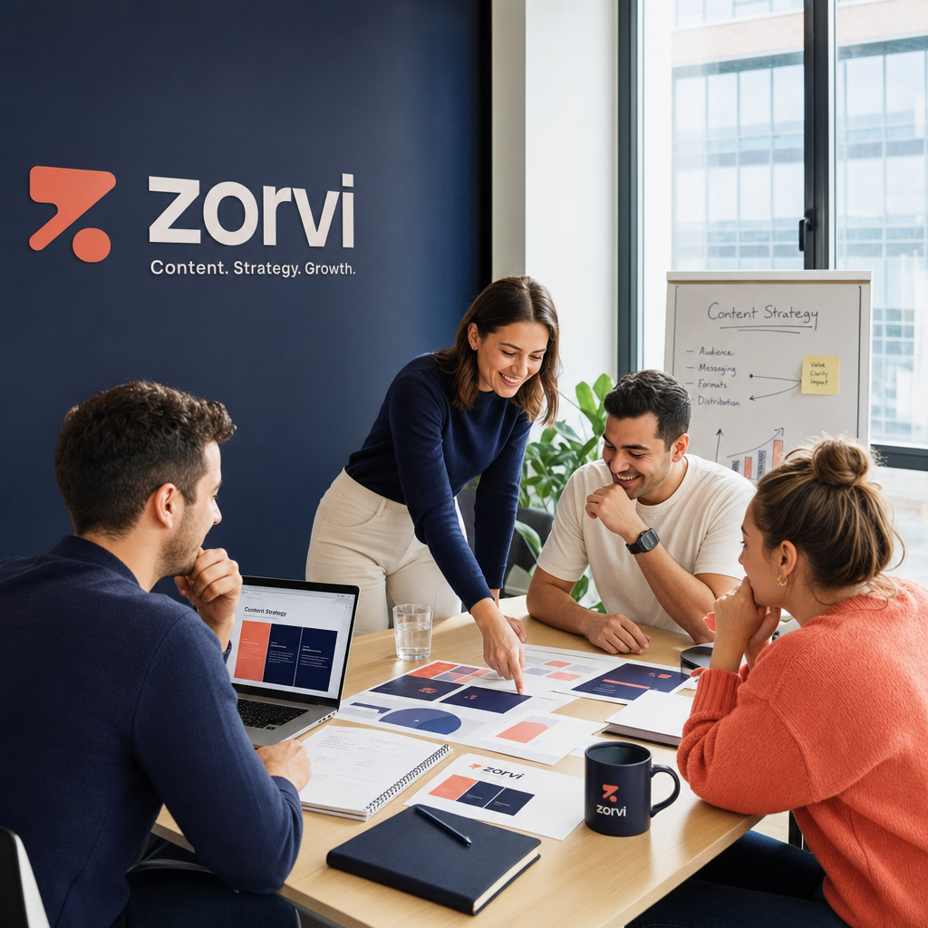A photorealistic image of a team in a modern office discussing content strategy, incorporating Zorvi's brand palette. 3/4 angle, bright natural light, collaborative and energetic mood, high-resolution photography.