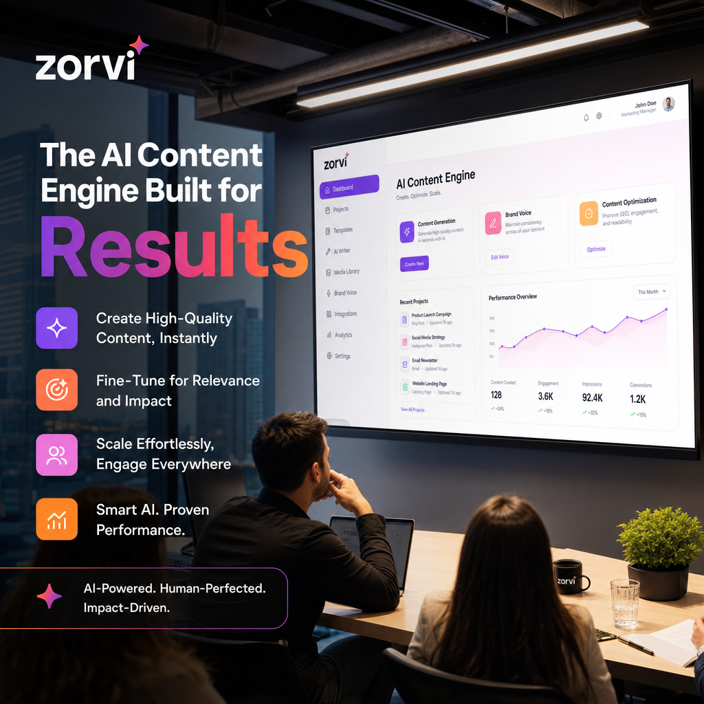A sleek, modern office setting with Zorvi's AI content engine displayed on a large screen; vibrant, efficient atmosphere with focused lighting, photorealistic editorial photography, 35mm, high detail.