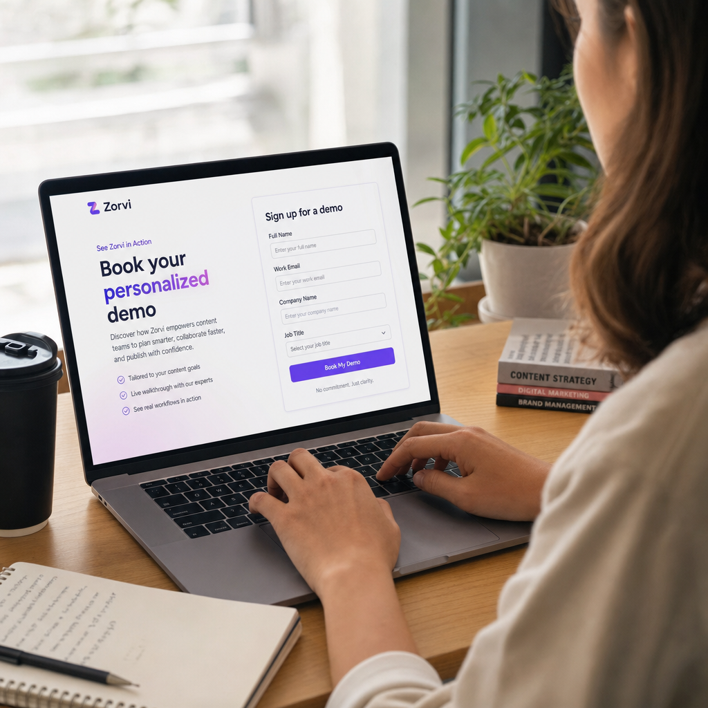 A content manager signing up for a Zorvi demo on a laptop, modern workspace, inviting and productive atmosphere, soft natural light, photorealistic editorial photography, close-up shot, high detail.