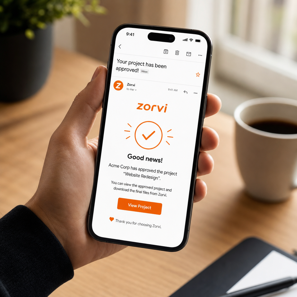 A close-up of an email approval notification on a smartphone, demonstrating Zorvi's client approval feature with the orange accent color visible. Rule-of-thirds composition, soft natural light, focused and professional atmosphere, editorial photography.