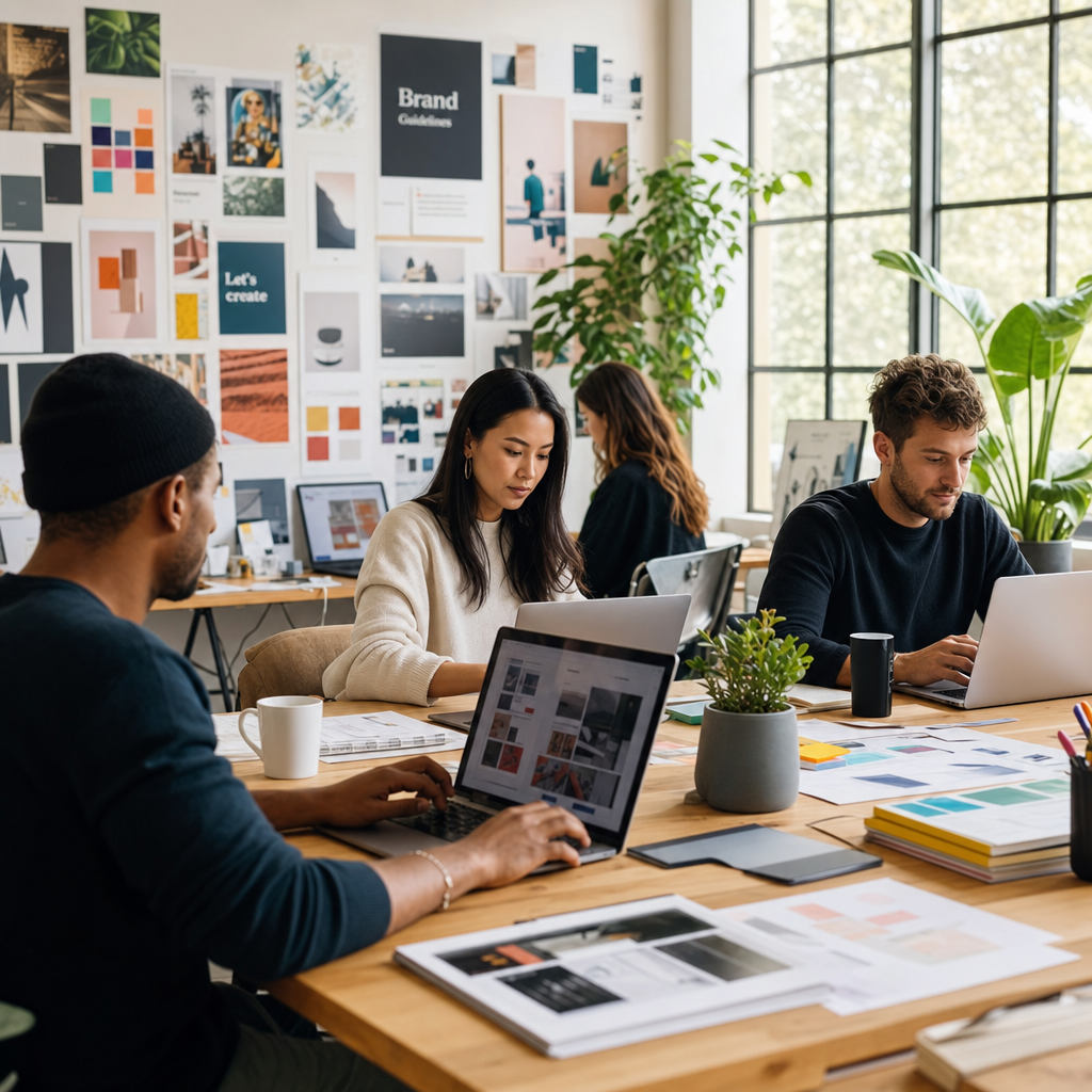 A busy agency workspace with team members reviewing content on laptops, surrounded by brand guidelines and colorful mood boards. Soft natural light coming through large windows, creating an engaging and collaborative atmosphere. Photorealistic editorial photography, high detail, 4k.