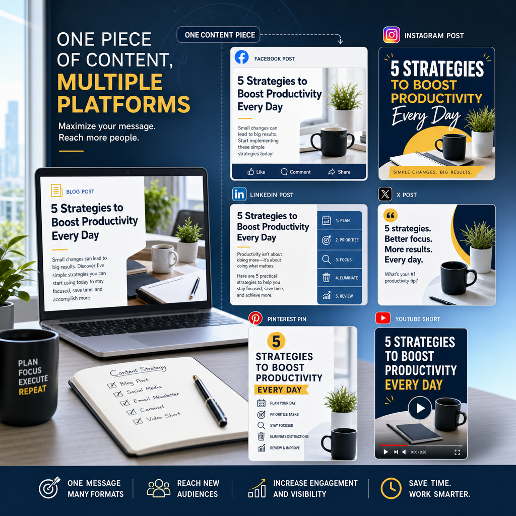 A digital workspace displaying multiple social media posts derived from a single content piece, vibrant and dynamic environment, high-tech atmosphere, rule-of-thirds composition, soft natural light, clean modern vector illustration.