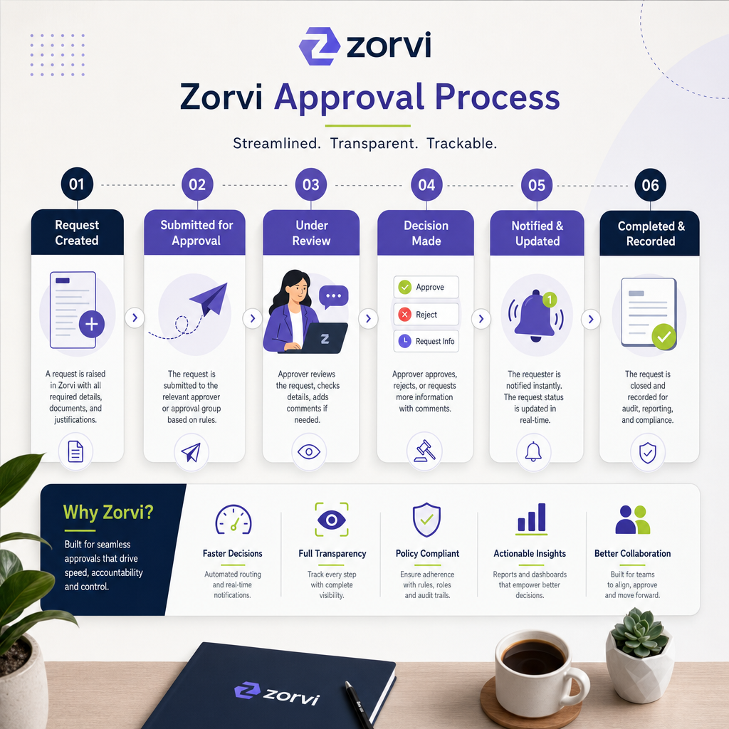 Illustration of a seamless workflow diagram on a wall, illustrating Zorvi's approval process with brand colors. Overhead flat-lay, studio light, creative and structured environment, high-detail vector art.
