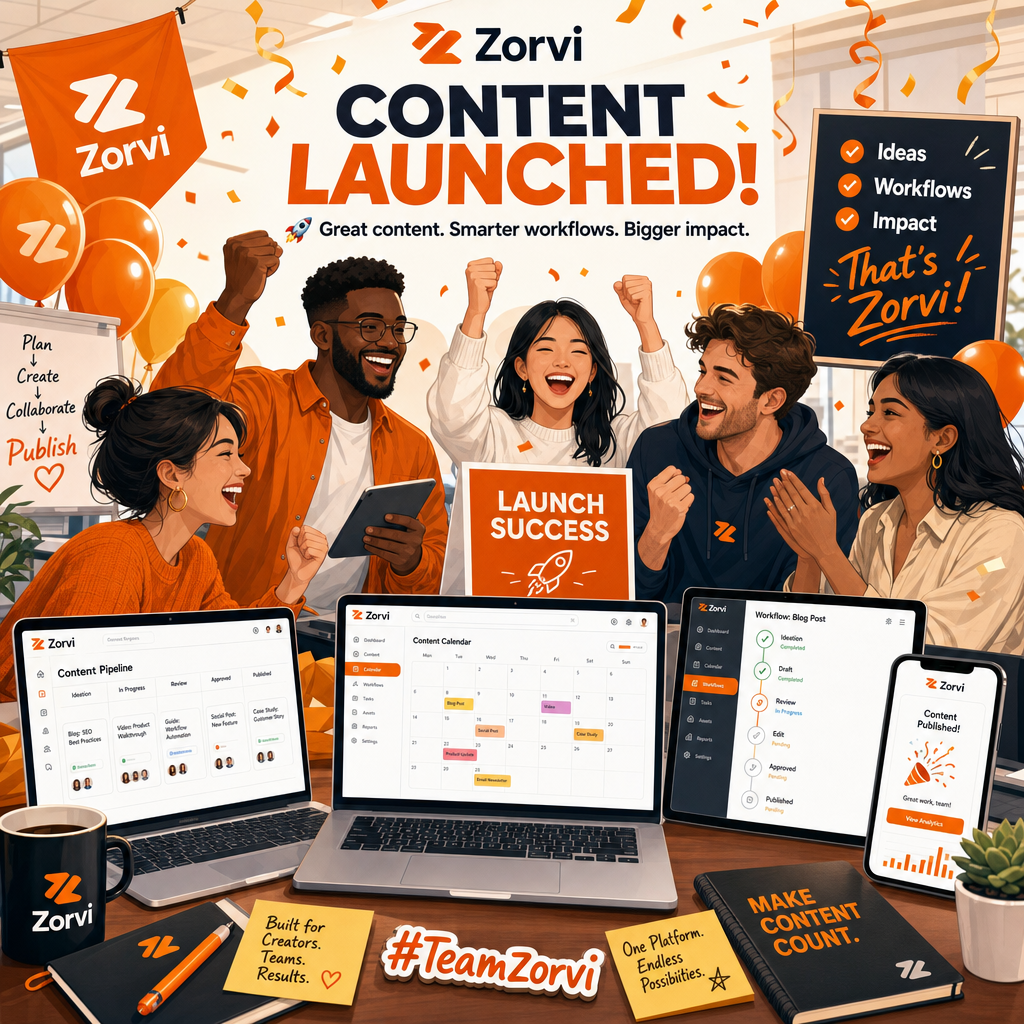 A vibrant illustration showing a diverse group of team members celebrating their successful content launch, with laptops and digital devices displaying Zorvi workflows. The scene is filled with warm Zorvi orange details, creating a celebratory and energetic atmosphere, high detail, modern vector illustration.