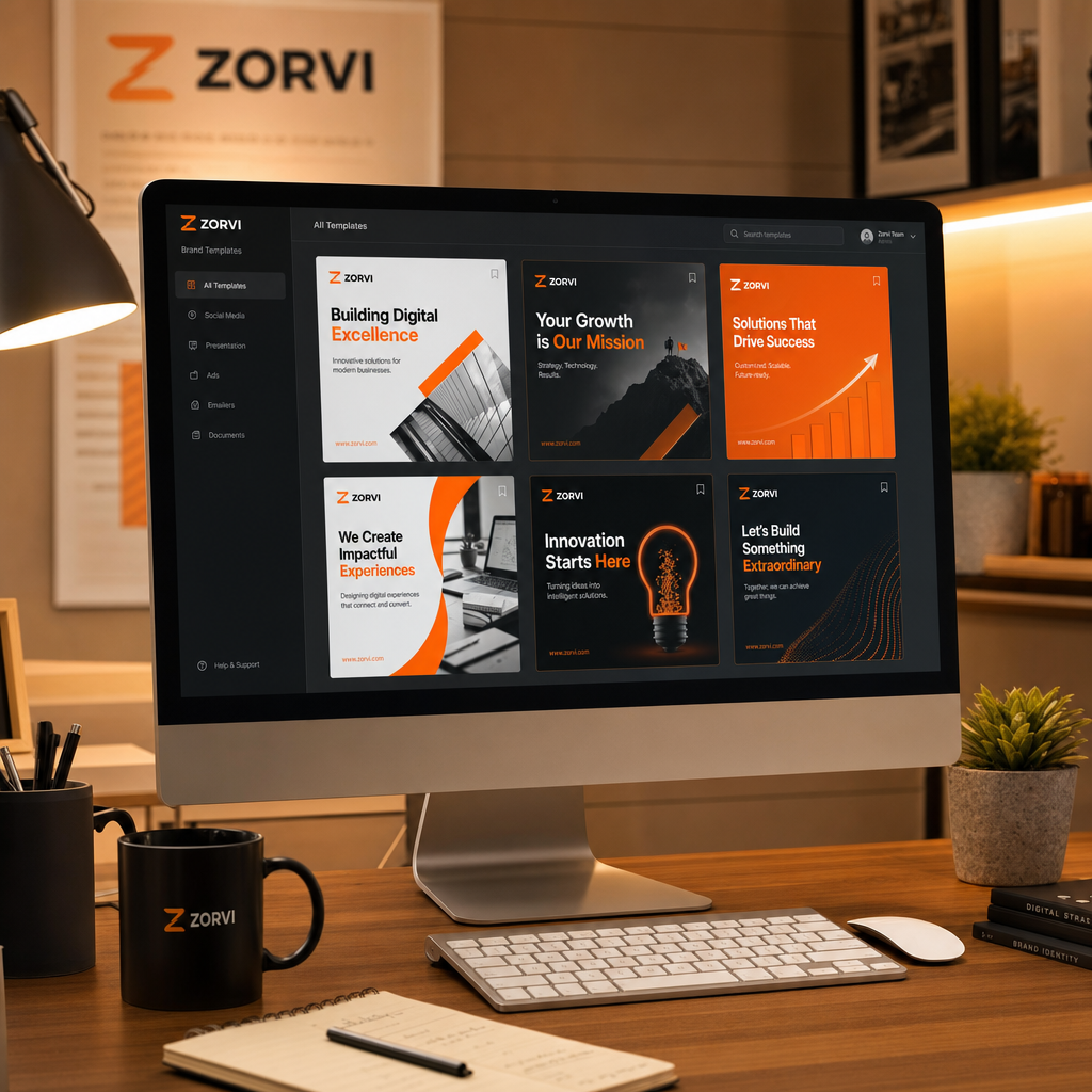 A detailed workspace showing multiple brand templates on a computer screen, with Zorvi's signature orange hue subtly present. Wide shot, warm office lighting, modern and efficient atmosphere, photorealistic, 4k resolution.